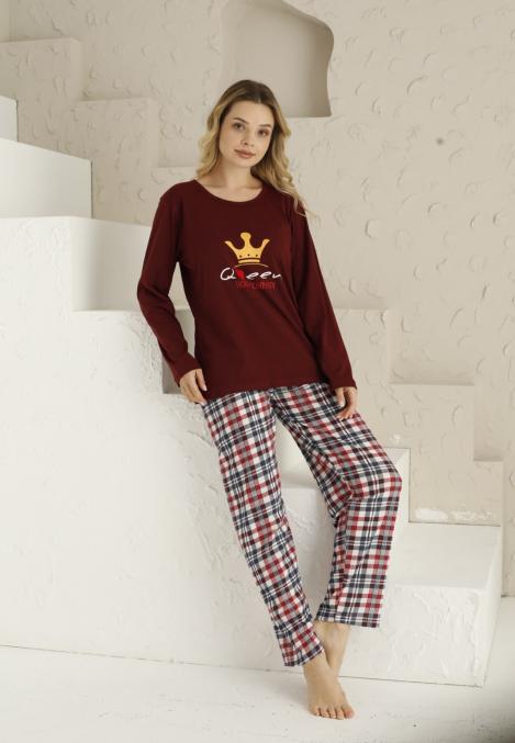 Pijama dama ,maneca lunga si pantalon lung , culoare visiniu, Engros